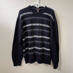 Classic Crewneck Cotton Sweater Black, w/White and Grey Strips, Sz XXL